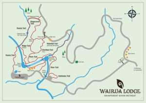 Map of the natural Trails at Wairua Lodge. Rainforest Trails, River Trails, Easy to challenging Trails.